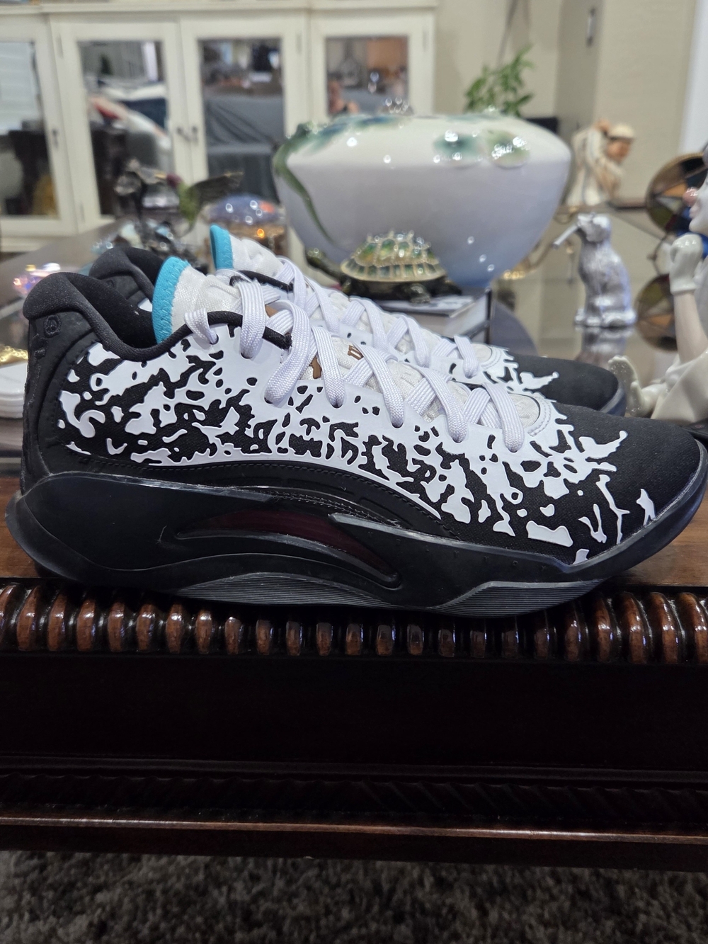 Nike Jordan Zion 3 Big Kids Black and White Patterned Sneakers with Teal Accents